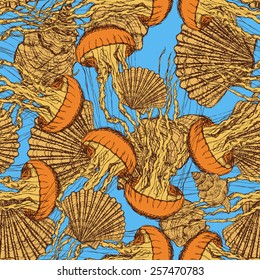 Sketch shells and jellyfish in vintage style, vector seamless pattern 