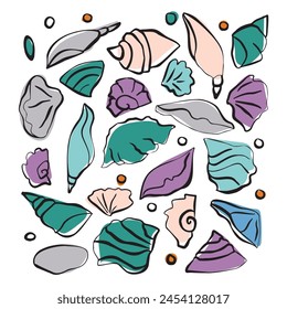 The sketch of shells with a line and a spot. Simple hand drown picture. Orange, pink, blue colours. Vector illustration.