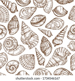 Sketch shells pattern. Hand drawn background in engraving style. Vector background for textiles, packaging, decor.  