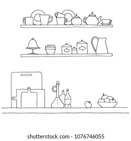 Sketch of shelves with different utensils. Vector illustration.