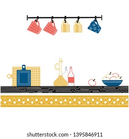 Sketch of shelves with different utensils. Vector illustration.