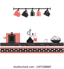 Sketch of shelves with different utensils. Vector illustration.