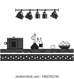 Sketch of shelves with different utensils. Vector illustration.