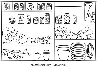 Sketch of shelves with fruits and vegetables