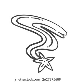 Sketch shooting star with trails creating a whimsical effect in the night sky. Doodle icon captures the beauty of space stars and their movement.