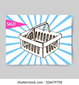 Sketch shopping basket in vintage style, vector