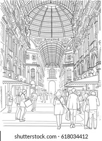 Sketch of the shopping gallery Viktora Emmanuila in Milan. Italy