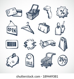 Sketch shopping icons set with plastic card money bags and tags isolated vector illustration