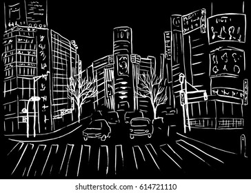 Sketch of shopping street in Shibuya, Tokyo, Japan