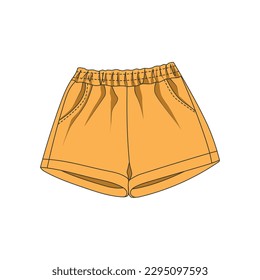 Sketch of short shorts with pockets. Vector illustration of summer shorts in yellow color. Vector drawing of shorts on an elastic band.