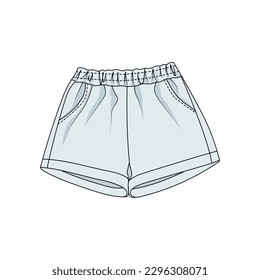 Sketch of short shorts with pockets. Vector illustration of summer shorts, white color. Drawing of shorts on an elastic band.