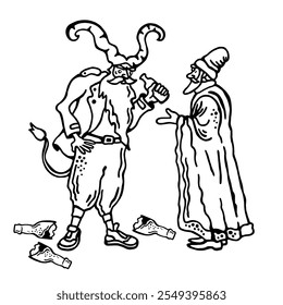 Sketch showing Krampus drinking beer while Saint Nicholas scolds him, highlighting a humorous twist on traditional folklore.