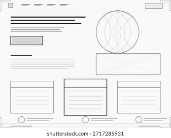 Un boceto muestra un diseño de Sitio web con áreas para un encabezado, contenido principal, Imágenes y navegación. El diseño utiliza líneas y Formas básicas para representar cada sección con claridad.