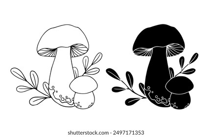 Sketch, silhouette of botanical compositions with autumn mushrooms and forest plants, conifers, dry leaves. Vector graphics.