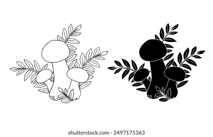 Sketch, silhouette of botanical compositions with autumn mushrooms and forest plants, conifers, dry leaves. Vector graphics.