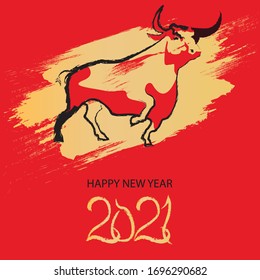 Sketch silhouette bull. Happy new year 2021. Template poster, card, invitation for party with year 2021 Lunar horoscope sign.