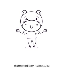 sketch silhouette caricature of cute hippopotamus wink eye expression in clothes vector illustration