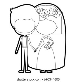 sketch silhouette of caricature faceless newly married couple groom with formal wear and bride with straight short hairstyle vector illustration