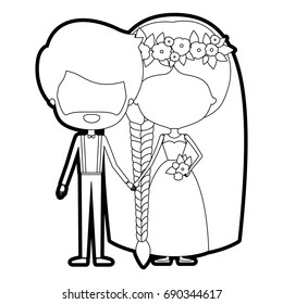 sketch silhouette of caricature faceless newly married couple groom with formal wear and bride with braids hairstyle vector illustration