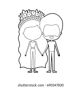 sketch silhouette of caricature faceless thin couple of bearded man and woman wavy long hairstyle with flower crown and holding hands vector illustration