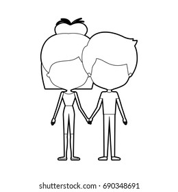 sketch silhouette of caricature faceless thin couple of man and woman with bun medium hairstyle vector illustration