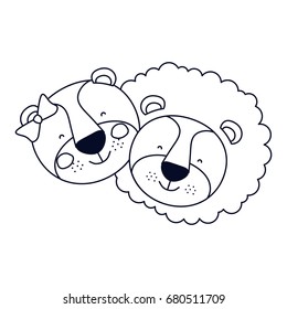 sketch silhouette caricature faces couple lion and lioness happiness expression vector illustration