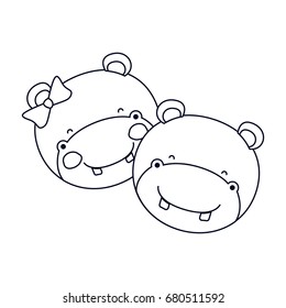 sketch silhouette caricature faces of hippo couple animal happiness expression vector illustration