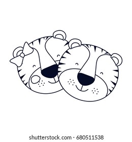 sketch silhouette caricature faces of tiger couple animal happiness expression vector illustration