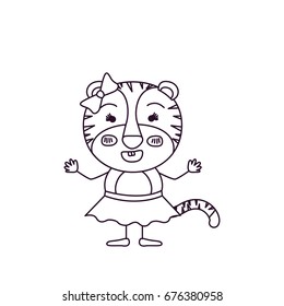 sketch silhouette caricature of female tigress in skirt with bow lace and smiling expression vector illustration