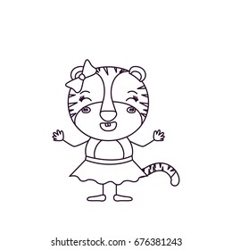 sketch silhouette caricature of female tigress in skirt with bow lace and smiling expression vector illustration