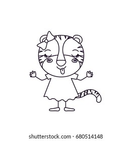 sketch silhouette caricature of female tigress in dress with bow lace and eyes closed expression of happiness vector illustration