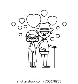 sketch silhouette of caricature full body elderly couple embraced with floating hearts grandfather with hat in walking stick and grandmother with short hair vector illustration