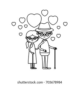 sketch silhouette of caricature full body elderly couple embraced with floating hearts grandfather with hat in walking stick and grandmother with side ponytail hair and glasses vector illustration