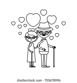 sketch silhouette of caricature full body elderly couple embraced with floating hearts grandfather with hat in walking stick and grandmother with collected hair and glasses vector illustration