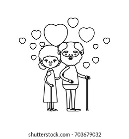 sketch silhouette of caricature full body elderly couple embraced with floating hearts bearded grandfather in walking stick and grandmother with bun hair vector illustration
