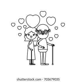 sketch silhouette of caricature full body elderly couple embraced with floating hearts bearded grandfather in walking stick and grandmother with wavy hair vector illustration