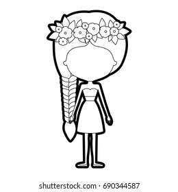 sketch silhouette of caricature skinny faceless woman in clothes with side braid hairstyle and flower crown accesory vector illustration