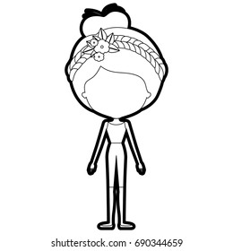 sketch silhouette of caricature skinny faceless woman in clothes with bun collected hairstyle and flower crown accesory vector illustration