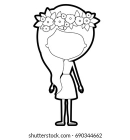 sketch silhouette of caricature skinny faceless woman in dress with wavy side long hairstyle and flower crown accesory vector illustration