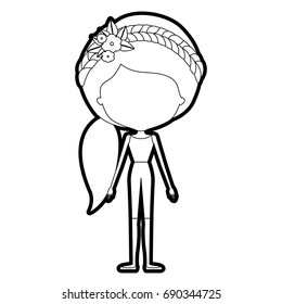 sketch silhouette of caricature skinny faceless woman in clothes with side ponytail hairstyle and flower crown accesory vector illustration