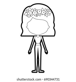 sketch silhouette of caricature skinny faceless woman in clothes with wavy short hairstyle and flower crown accesory vector illustration