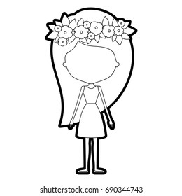 sketch silhouette of caricature skinny faceless woman in dress with long hairstyle and flower crown accesory vector illustration