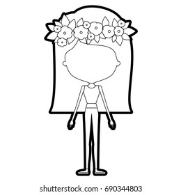 sketch silhouette of caricature skinny faceless woman in clothes with straight medium hairstyle and flower crown accesory vector illustration