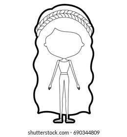 sketch silhouette of caricature skinny faceless woman in clothes with wavy long hairstyle and flower crown accesory vector illustration