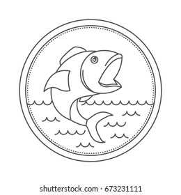 sketch silhouette of circular emblem with waves of sea and open mouth fish vector illustration