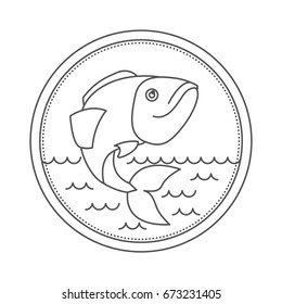 sketch silhouette of circular emblem with waves of sea and largemouth bass fish vector illustration