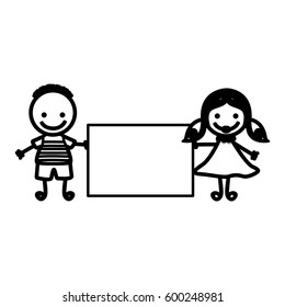 sketch silhouette couple boy with hairstyle and girl with hair pigtails with banner vector illustration