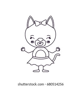 sketch silhouette cute female cat with bow lace with smiling expression in skirt vector illustration