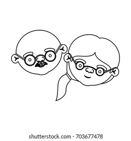 sketch silhouette of face of elderly couple bald grandfather with moustache and grandmother with glasses and side ponytail hairstyle vector illustration
