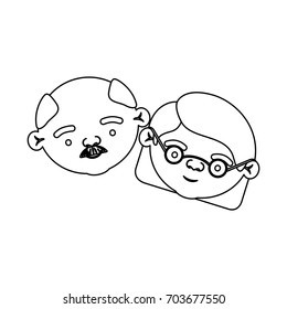 sketch silhouette of face of elderly couple grandfather with moustache and grandmother with glasses and short hairstyle vector illustration